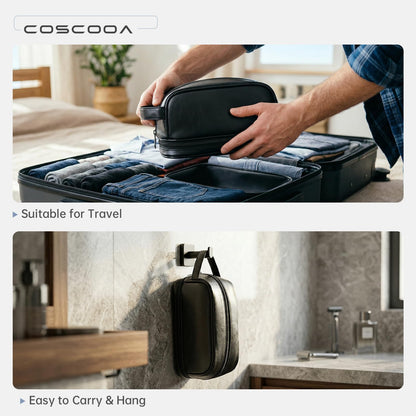 COSCOOA PU Leather Toiletry Bag for Men, Water Resistant Mens Hanging Toiletry Travel Makeup Bag, Travel Essentials Shaving Bag with Large Capacity Suitable for Bathroom Settings, Black