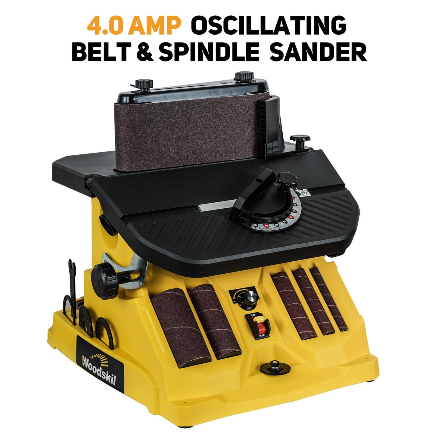 4A Variable Speed Oscillating Belt and Spindle Sander - 4x24" Belt, 5 Sanding Sleeves, 1000-1800RPM Adjustable Speed Control for Woodworking Projects - Efficient Dust Collection for Smooth Finishes
