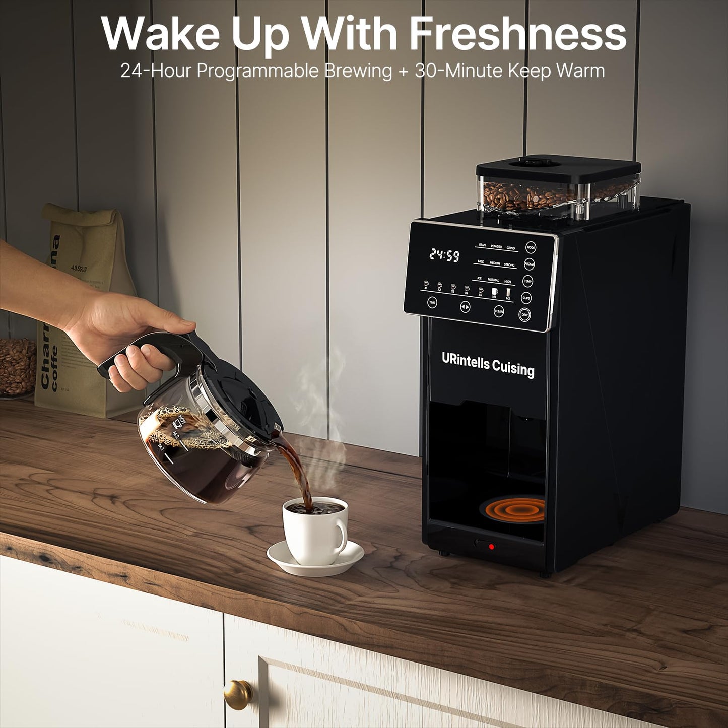 URintells Cuising Coffee Maker with Grinder, 22OZ Drip Coffee Maker with Glass Carafe and Removable Filter, Programmable Hot and Cold Bean to Cup Coffee Machine with Timer, Auto Shut Off