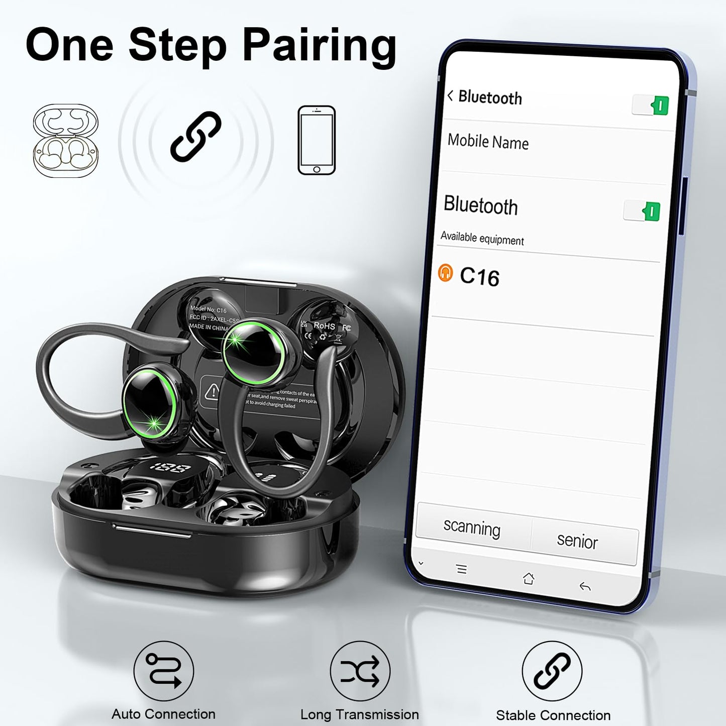 Wireless Earbuds Sports, Bluetooth 5.4 Headphones Hifi Stereo, 50H Playback Over-Ear buds with ENC Noise Cancelling Mic, Earphones with Earhooks, IP7 Waterproof Fitness Headset for Gym Running Workout