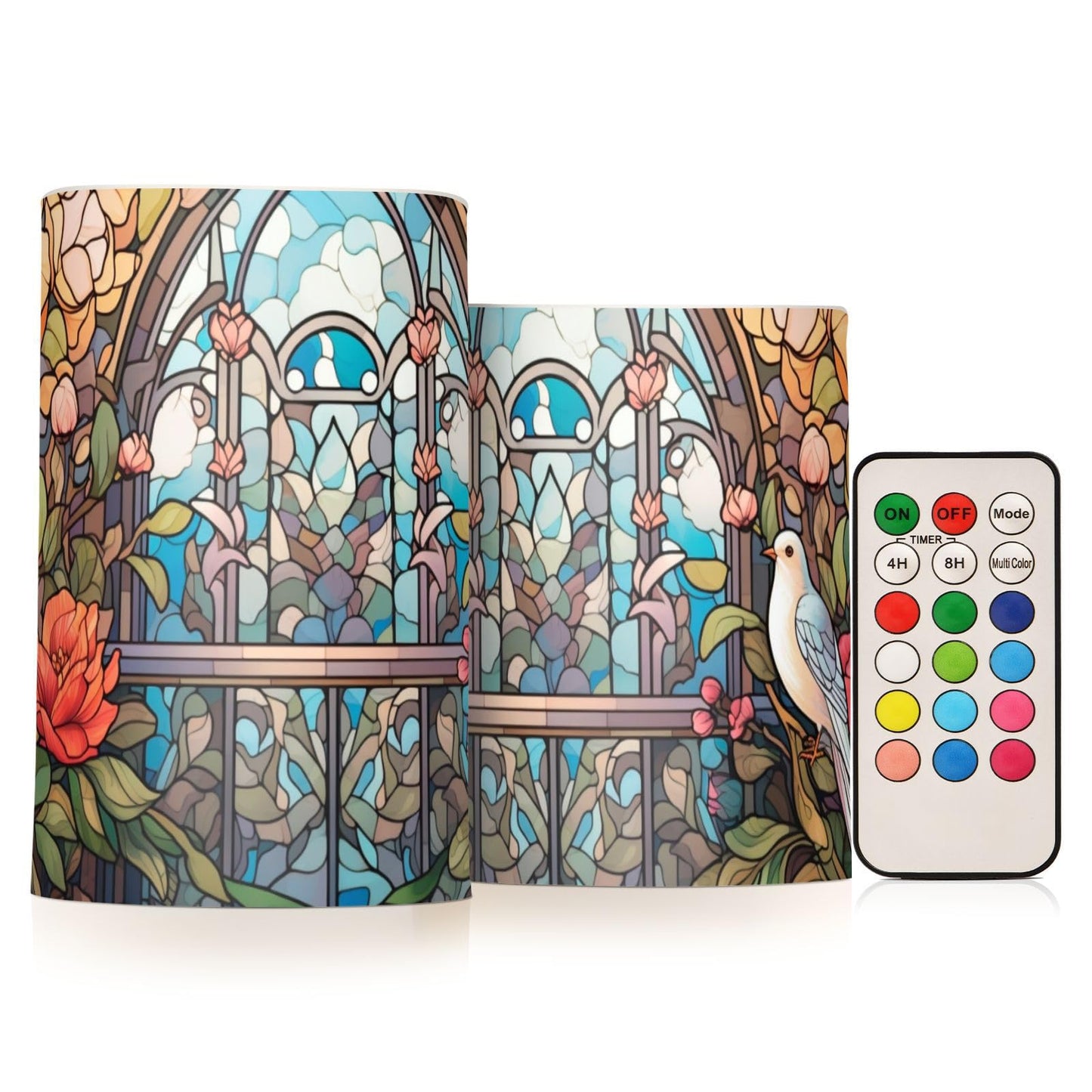 QGBYMX Stain Glass Bird Floral Flameless Candles with Remote - No Batteries Included, 3” Battery Operated Candles Flickering with Timer for Outdoor Lanterns Porch, Set of 2