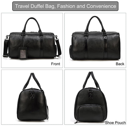 LUUFAN Leather Travel Bag for Men Large Capacity Luggage Duffel Bag with Shoe Compartment, Weekend Handbag for Holiday Business Trip 45cm, Black