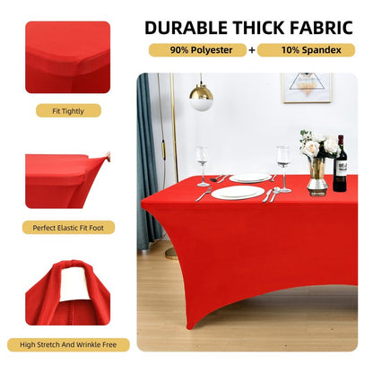 ZarzaaSik 6-Pack 8ft Red Spandex Table Covers for Rectangle Folding Tables - Washable Elastic Tablecloth - Ultimate Fitted Table Protector for Birthday Parties, Trade Shows, Banquet