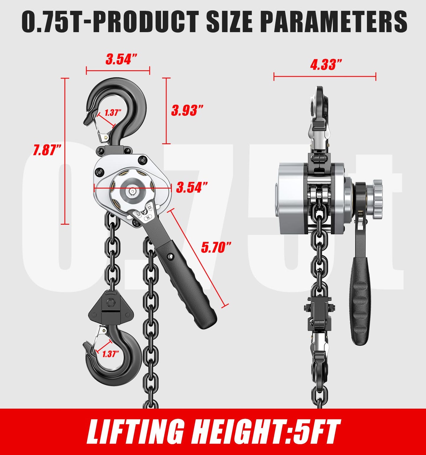 HUGOASIS Mini Lever Hoist 3/4 TON 1650 LBS Capacity 5FT Lift, Portable Aluminum Ratchet Chain Hoist with G80 Alloy Steel Chain, Dual Brake Hand Chain Puller for Lifting & Pulling,Silver