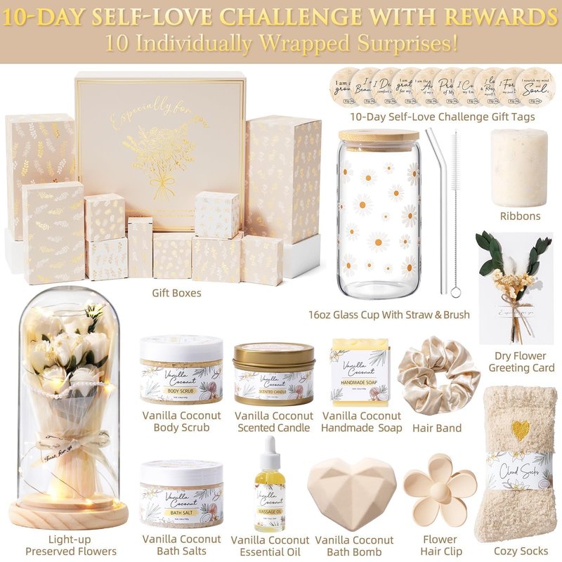 Qinline SPA Gifts for Women & Teen Girl – 10 PCS Mothers Day Birthday Gift Basket, Luxury Self Care Home Bath Set for Relaxing, Get Well Soon Care Package & Pampering Gifts for Her Friend Daughter Mom