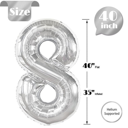 Silver Number 8 Balloon 40 Inch, 8th Birthday Party Decorations for Children, Giant 8 Foil Balloon for Party Supplies