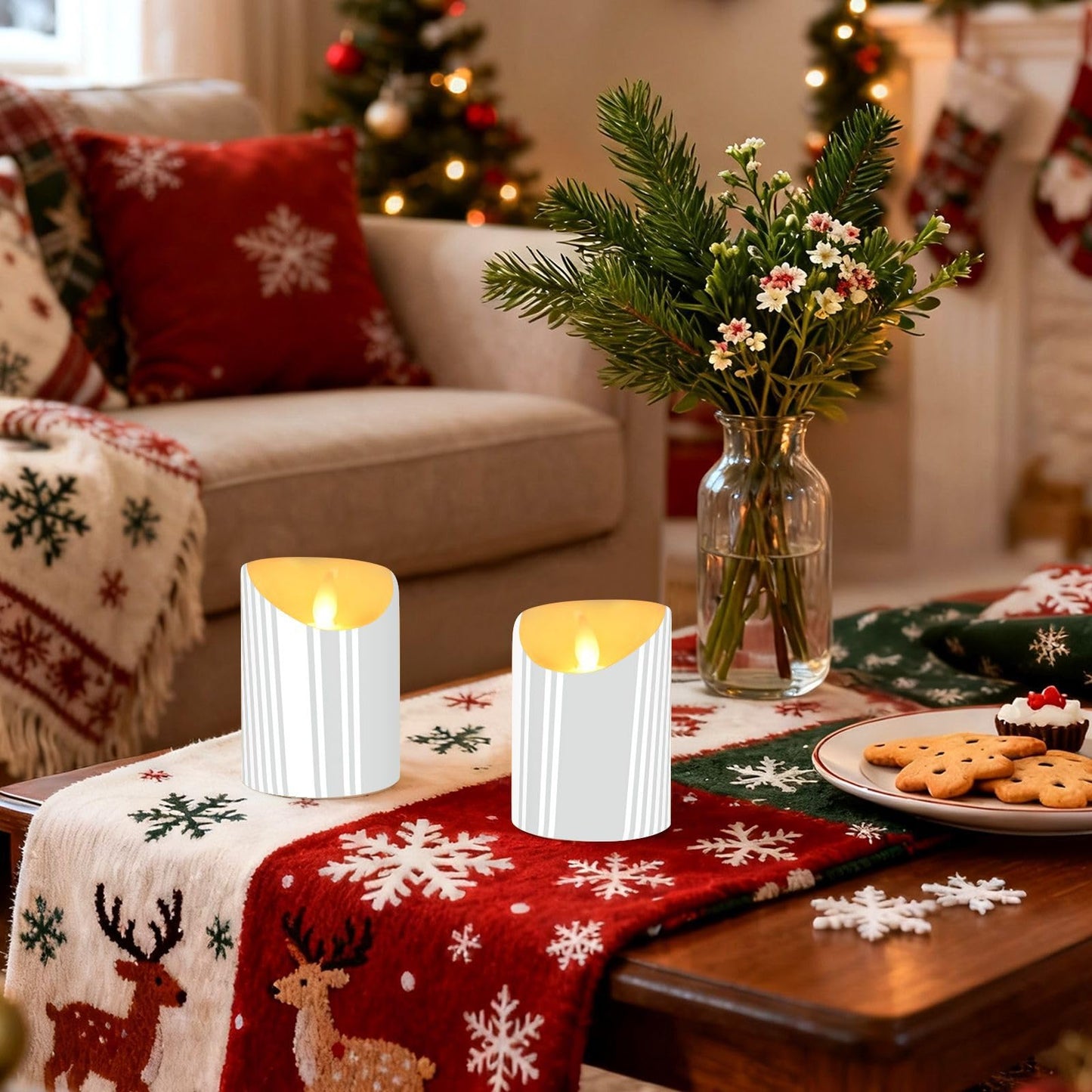 Gravopti Grey Stripe 2 Pack Flameless LED Pillar Candles with Remote & Timer, Battery Operated, Flickering Wax Candle for Wedding, Romantic Home & Party Decor