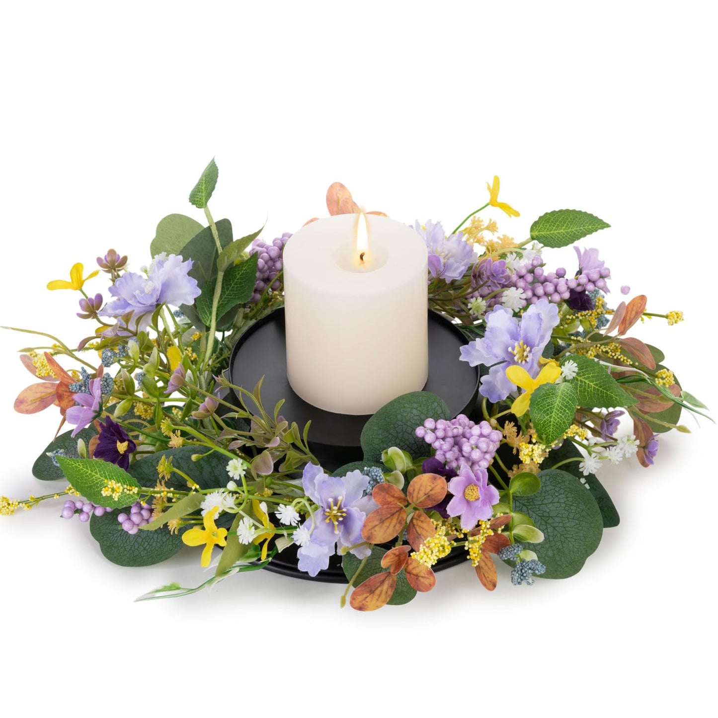 MOYEE Summer Candle Holder Centerpieces for Tables,Candle Ring, Black Metal Candlestick with an Artificial Wreath 14 in Versatile Dining Table Centrepiece (Purple Foam Flower Wreath)
