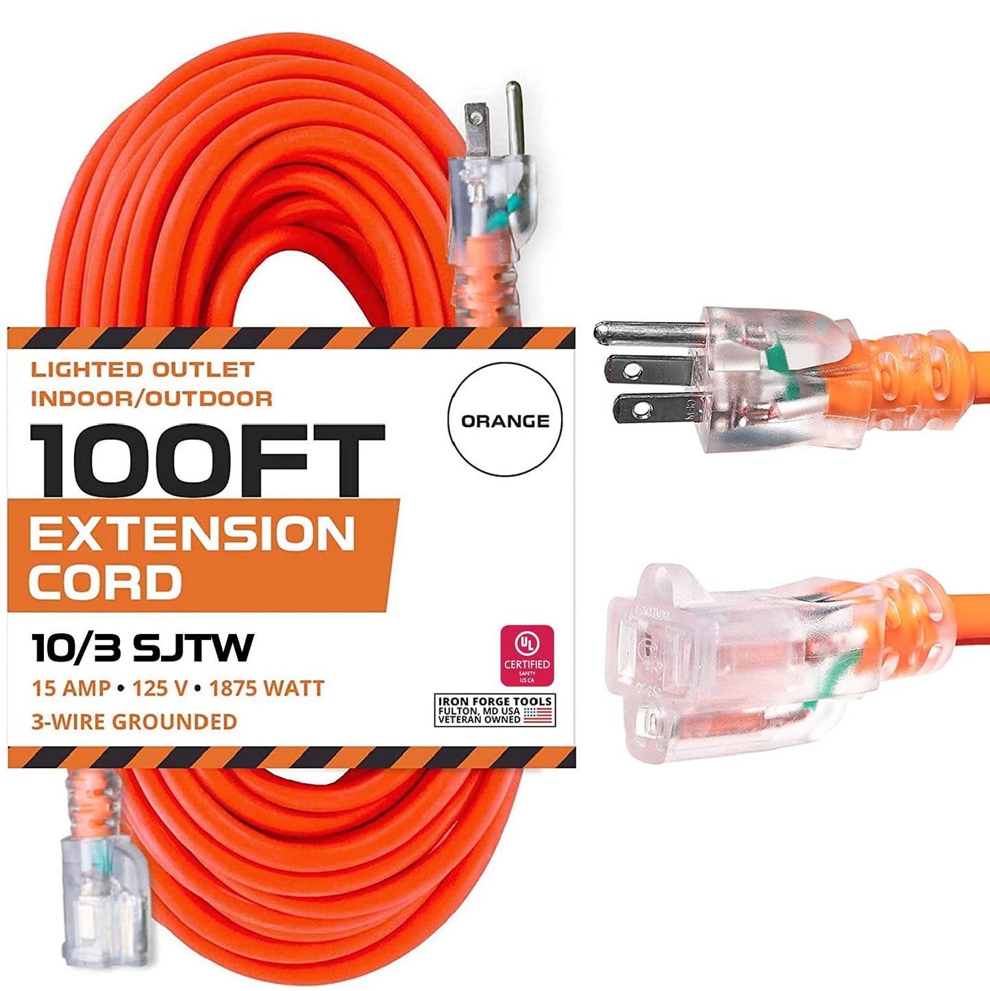 Iron Forge Cable Lighted Outdoor Extension Cord 100 Ft - 10 Gauge Heavy Duty Extension Cord, 15 AMP, 10/3 Orange Power Cable SJTW Weatherproof 3 Prong