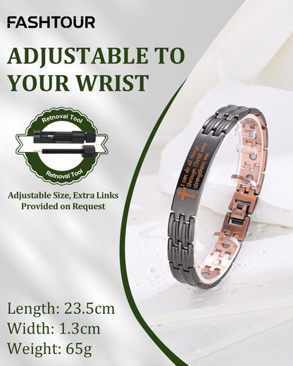 Fashtour Copper Cross Bracelet for Men, Ultra Strength Magnetic Jewelry, Rice-Ear Design Adjustable Copper Biblical Cross Bracelet with Sizing Tool & Box (Black-Philip 4:13)
