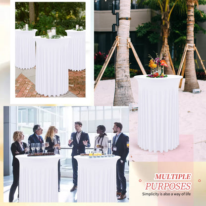 REWOMC 6 Packs Round Cocktail Table Skirt 24"x 43" Spandex Stretch Cocktail Tablecloth with Wavy Drapes, White Spandex Fitted High Top Table Covers for Wedding Bar Party Birthday Banquet Tables