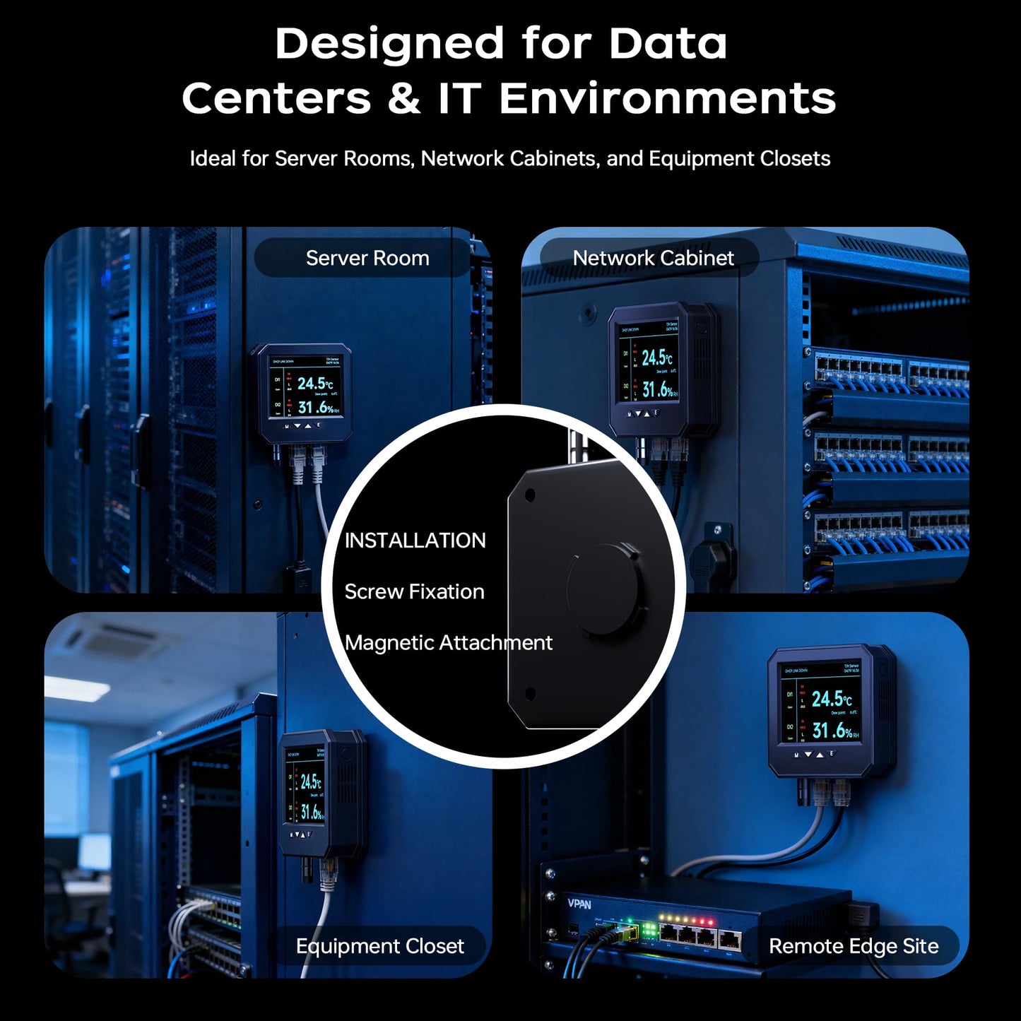 Ethernet Server Room Temperature Monitor (Swiss Sensors) PoE Server Rack Temperature Humidity Sensor with Web Interface, SNMP Modbus MQTT Support, Dual Power, IP55, Data Logging, Alarm & Relay Output
