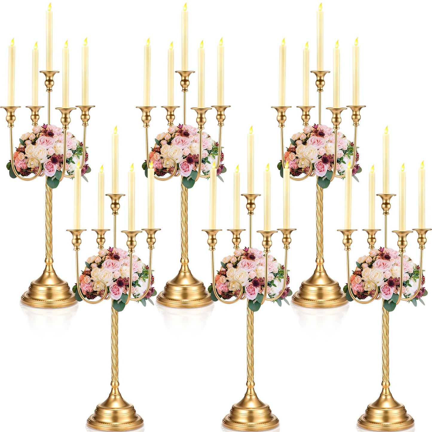 Rtteri 6 Pcs Gold Candelabra Candlestick Holder Metal Candle Stand Candelabra for Taper Candles Table Centerpieces Wedding Christmas Holiday Birthday Party (12.2 x 12.2 x 26.4 Inch,5 Arm)