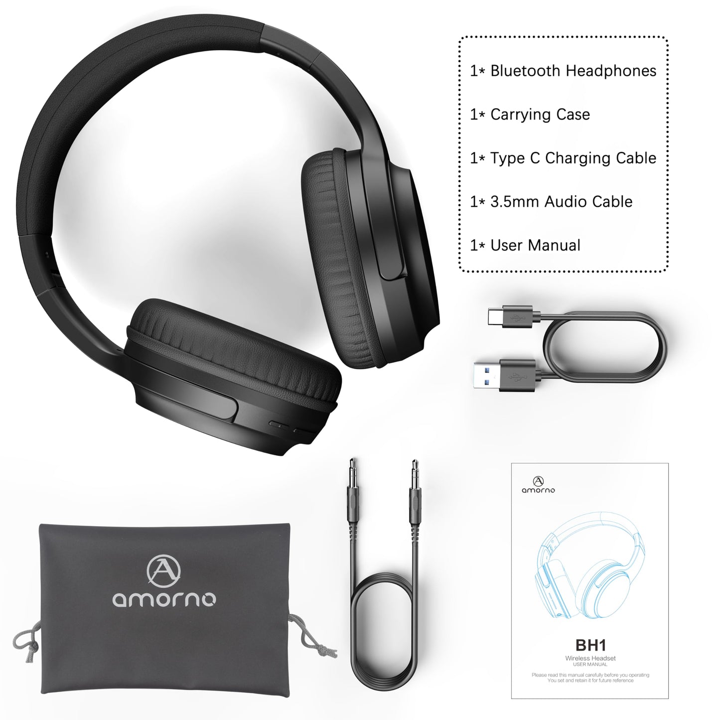 AMORNO Bluetooth Headphones Over Ear, 68 Hours Playtime Wireless Headphones with Mic, Foldable Adjustable Lightweight HiFi Stereo Headset for Cellphone/PC/Work/Travel/Home/Office (Black)