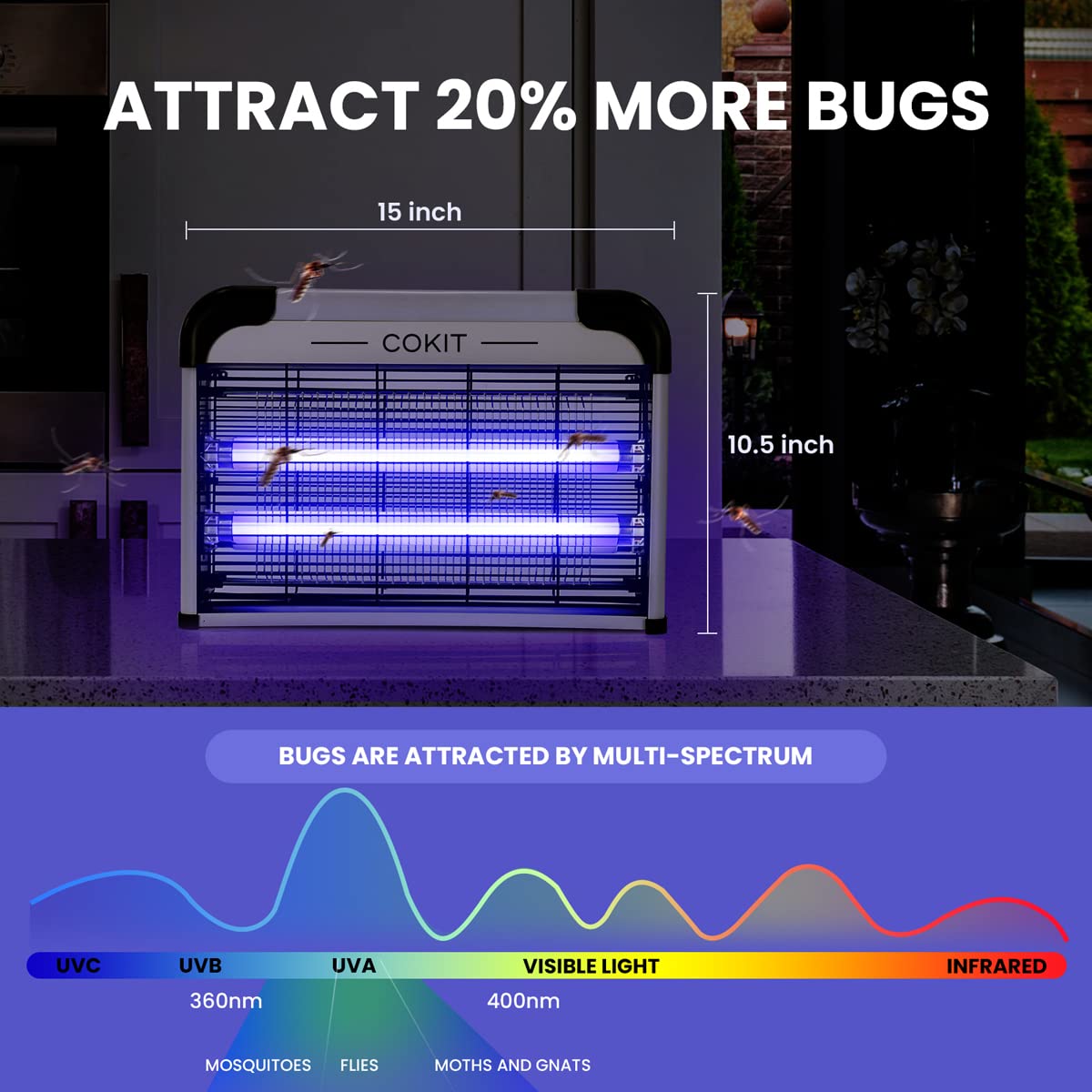 COKIT Bug Zapper Indoor 20W Electric Insect Killer with Bug Collection Tray, Fly and Mosquito Killer for Home, Kitchen, Garage, Patio, Includes 2 Extra Replacement Bulbs