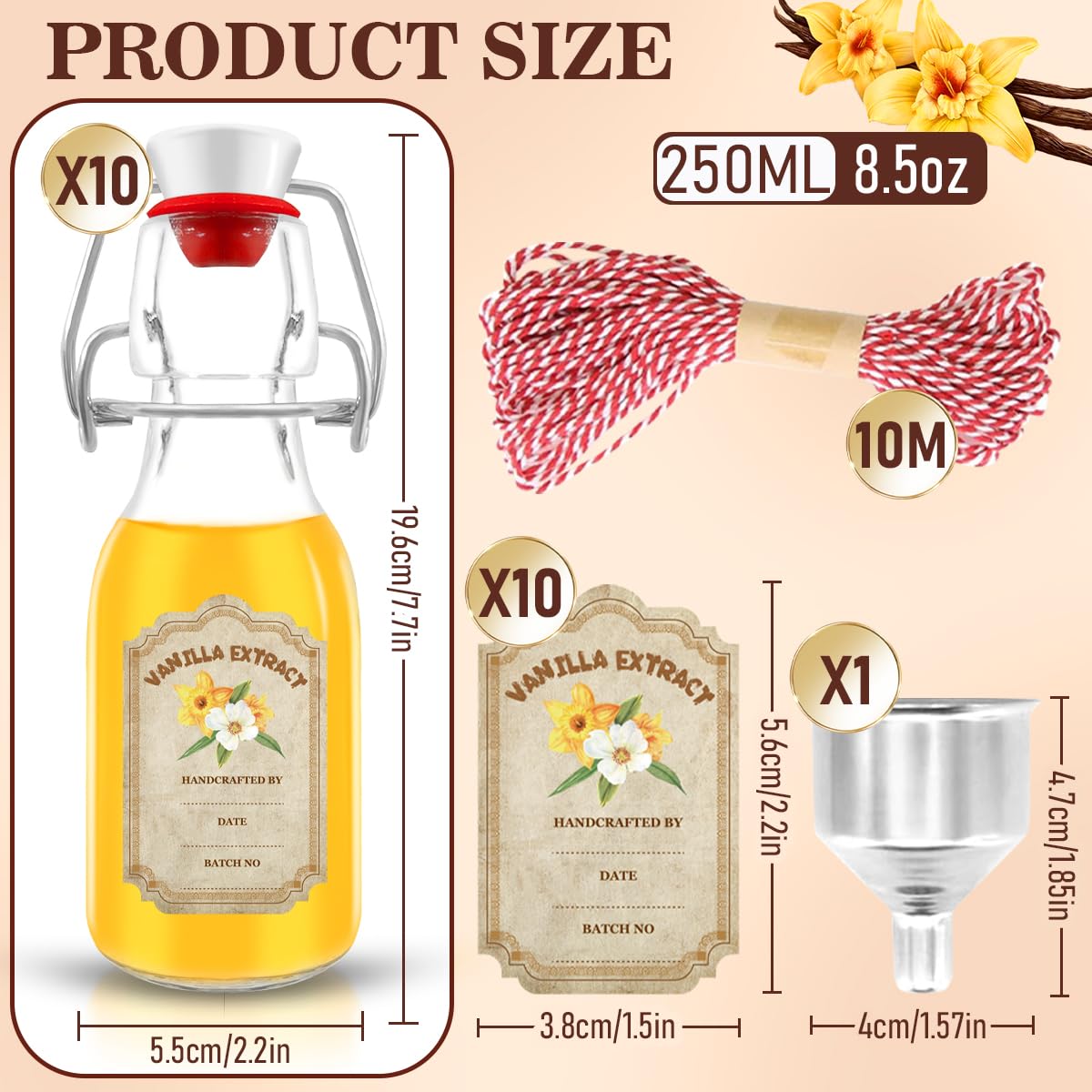10 pack Vanilla Extract Bottles ，Flip Top vanilla bottles,10 pcs Vanilla Extract Stickers for homemade vanilla extract bottles Syrup Gift Glass Food Storage Canister Set (Transparent , 4oz-10pack)