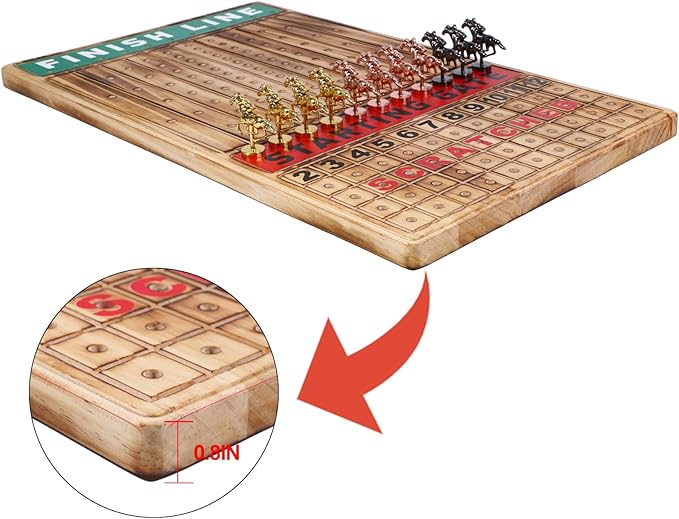 Large 21 inches Horse Racing Board Game with 11 Luxury Metal Horses Thickened Wood Horse Race Game Board with 2 Sets of Dice2 Boxes of Cards and 100 Poker Chips for Parties and Gambling