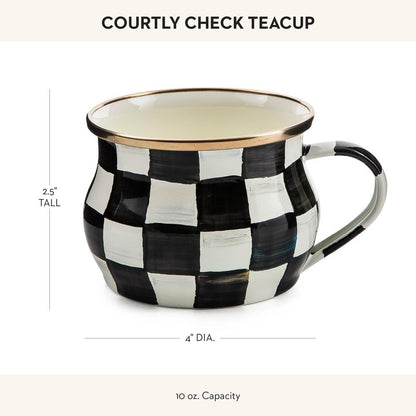 MACKENZIE-CHILDS Enamel Teacup, Unique Coffee and Tea Mug, Enamel Cup for Hot Tea, 10 Ounces, Brown-and-White Mocha Check