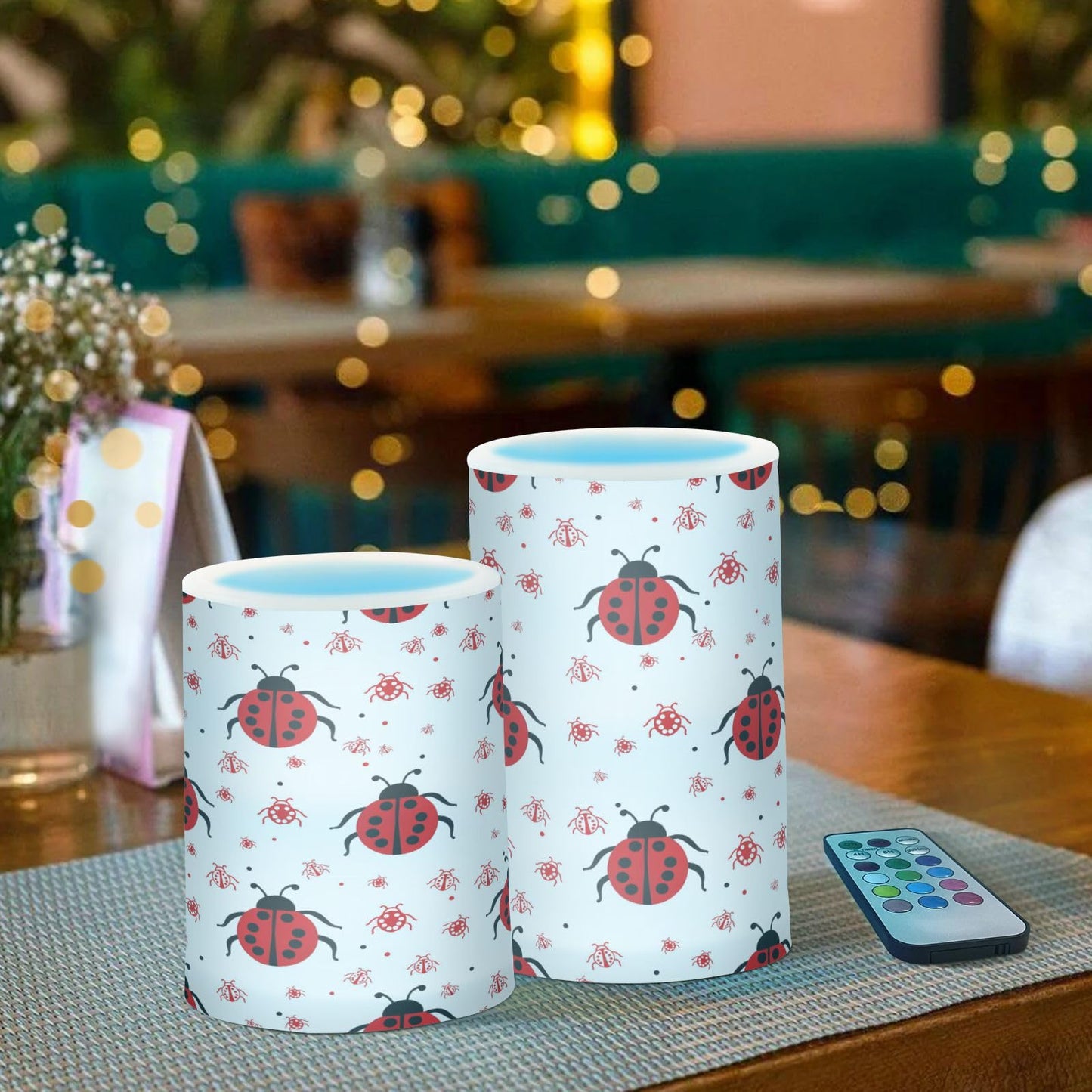 ALAZA Ladybugs Flickering Flameless Candles Battery Operated with Remote Timer,Tea Light Candles LED Pillar Votive Candles Set of 2 for Outdoor Indoor Decorations
