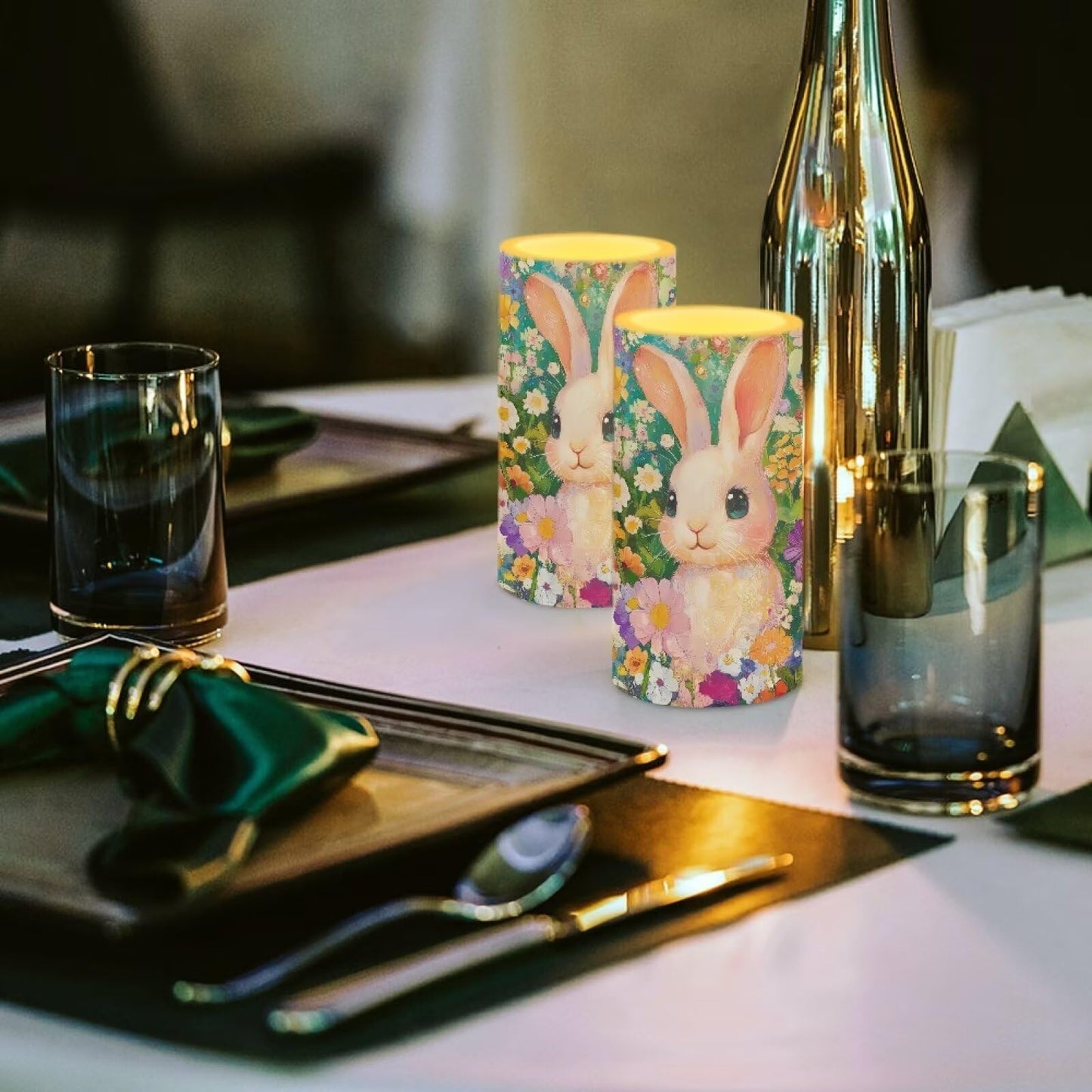 Luarisgur Flameless Candles LED Easter Rabbit Daisy Decorative Candles Battery Operated Ornage Flickering Candles with 18-Key Remote Timer Pillar for Home Living Room Party Table Decorations Green