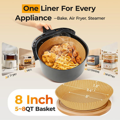 Air Fryer Liners for Ninja, 205 PCS Heavy-Duty Disposable Air Fryer Liners, 8" Round Airfryer Paper Liners for 5-8 QT Basket, Oil-Proof & Non-Stick Parchment Paper for Baking, Microwave, Oven, Pans