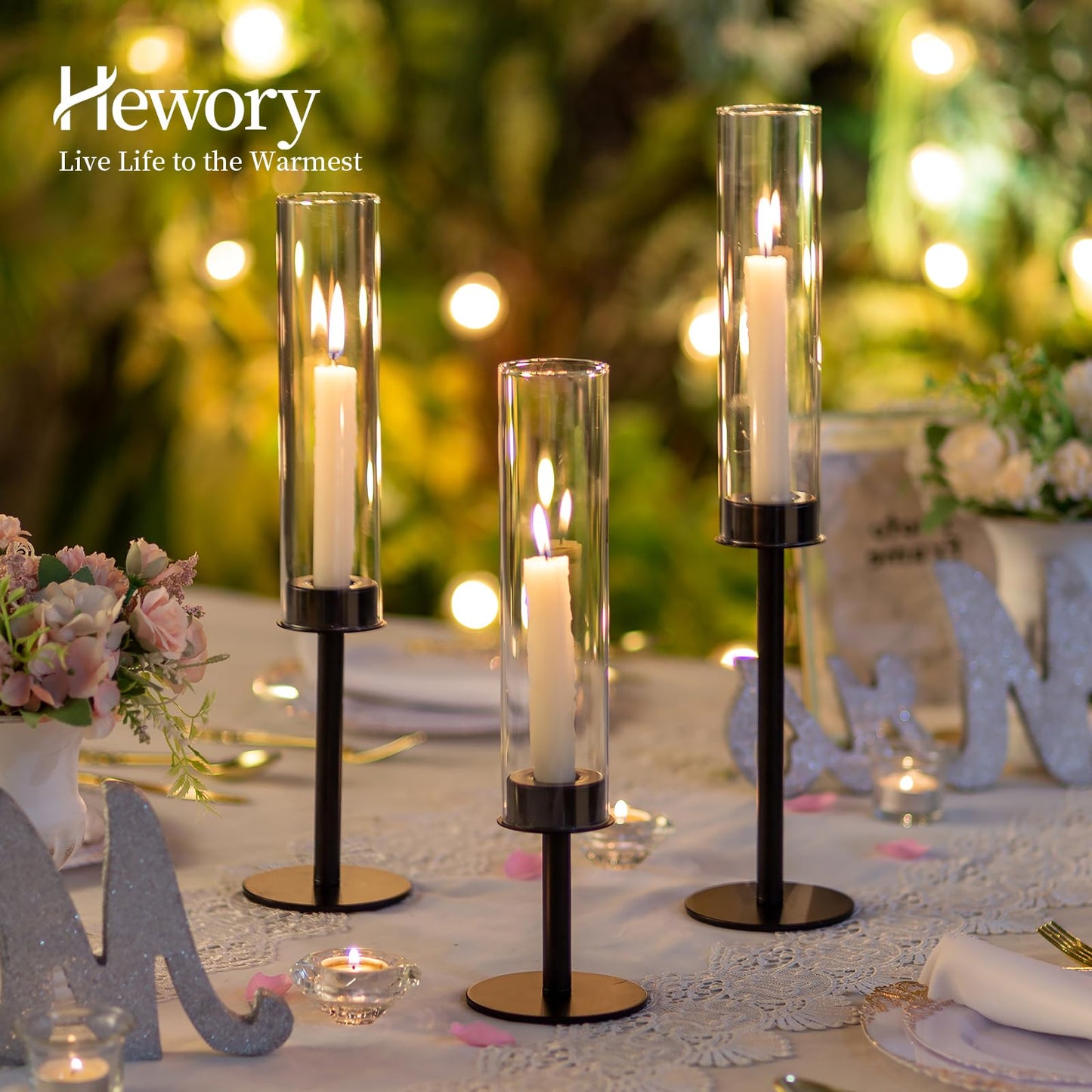 Hewory Black Candlestick Holders Hurricane Candle Holder, 6Pcs Candle Stick Candle Holder Candelabra, Taper Candle Holders with Glass Candle Cover for Wedding Table Centerpiece Christmas Decor