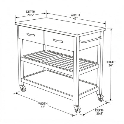 Casaphoria Amanda Collection Solid Wood Kitchen Island, 42" Butcher Block Cart with Cultured Marble Top & Locable Wheels, Prep Table for Small Spaces (Natural)