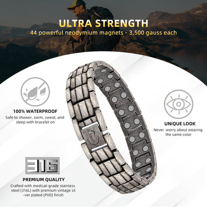 JEROOT Magnetic Bracelets for Men, Pure Titanium Bracelet (3500Gauss Per Magnet), Men's Bracelet Lymphatic Jewelry Gifts（Ancient silver）
