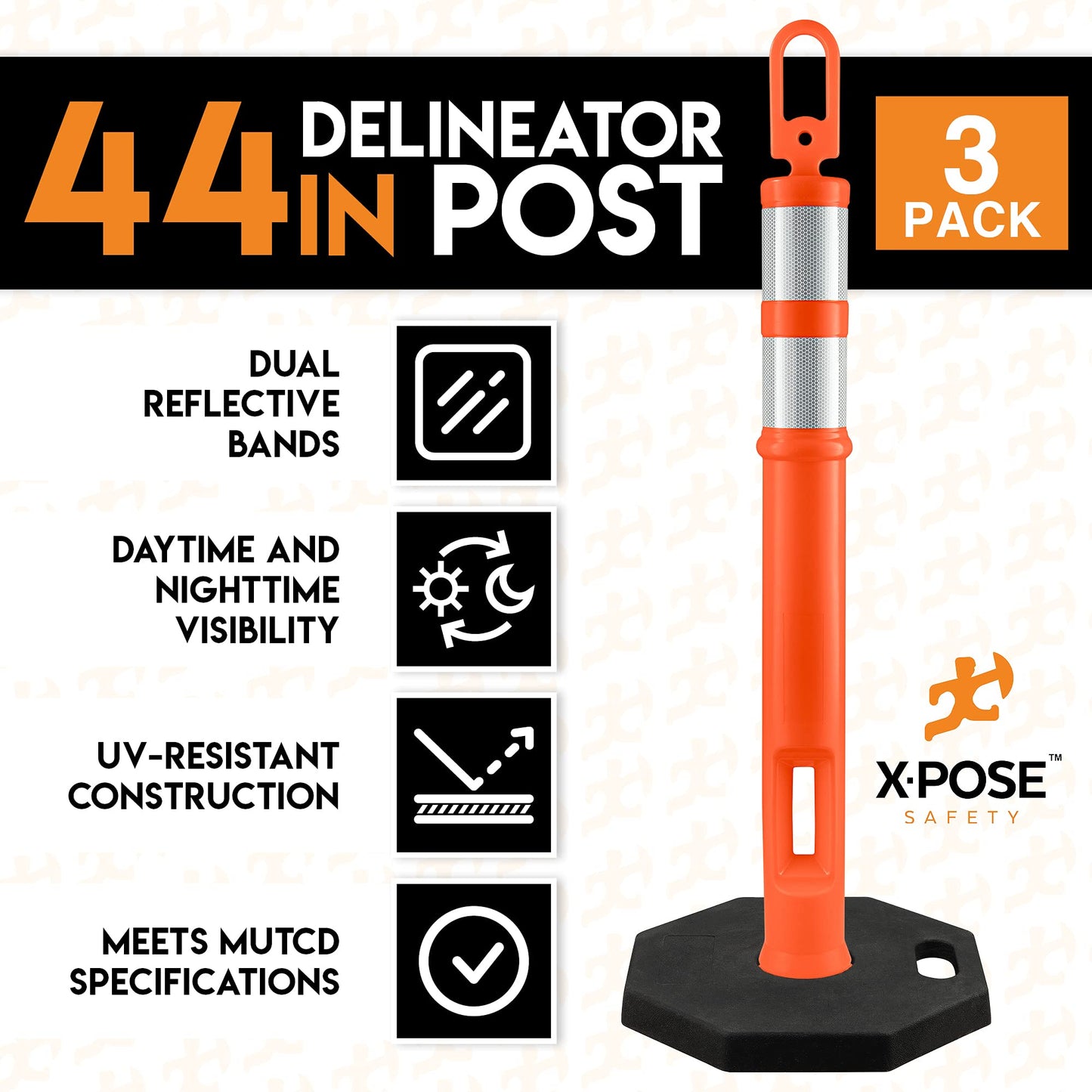 Xpose Safety 45" Orange Delineator Posts with Base, 3-Pack – Ring Top, 10" Reflective Band, 13 lb Rubber Base – Traffic, Parking, Construction, Events