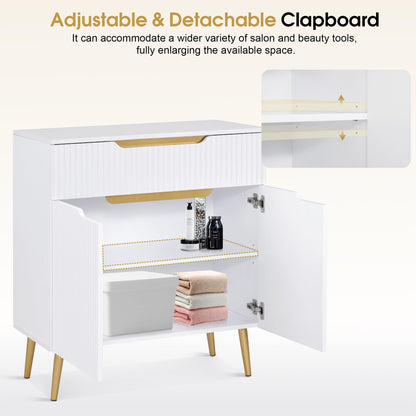 BarberPub Barber Station with Drawer & Cabinet, Beauty Salon White Storage Organizer with Concave Fluted Wall, Modern SPA Freestanding Equipment 3196 (White)