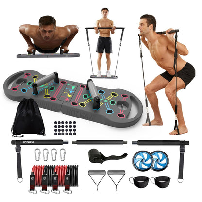 HOTWAVE Portable Exercise Equipment with 16 Gym Accessories.20 in 1 Push Up Board Fitness,Resistance Bands with Ab Roller Wheel,Full Body Workout at Home