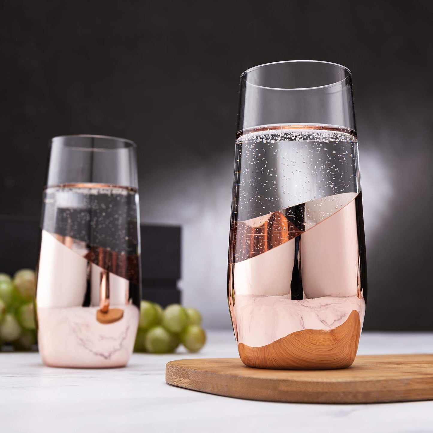 MyGift Modern Champagne Flutes, 11 oz Tilted Design Copper Stemless Champagne Flute Glasses, Set of 4