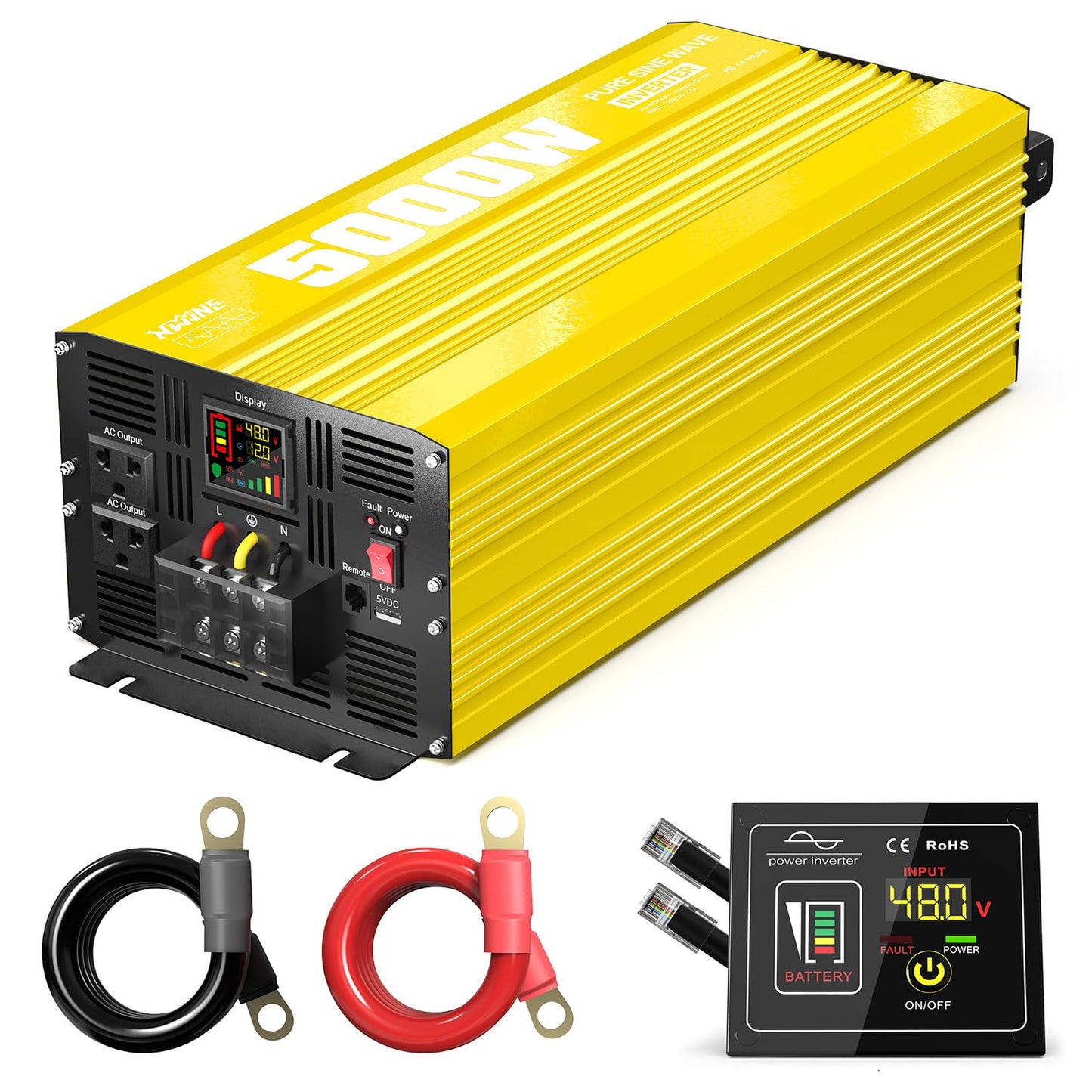 XWJNE 5000W Pure Sine Wave Power Inverter 48V DC to 120V AC Converter with LCD Display and Remote Controller for Home, RV, Truck, Off-Grid Solar Power