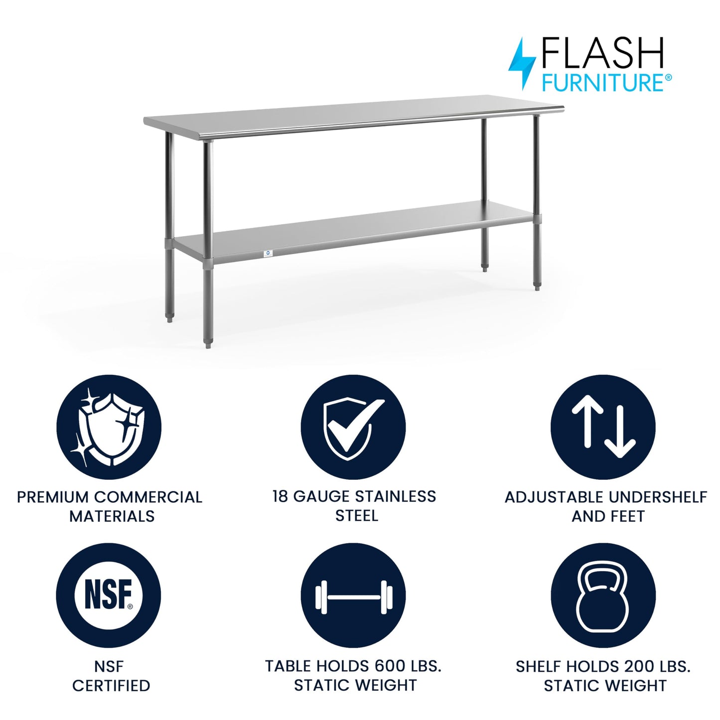 Flash Furniture Reader NSF Certified Stainless Steel Kitchen Prep and Work Table, Commercial Work Table with Undershelf Storage, Silver