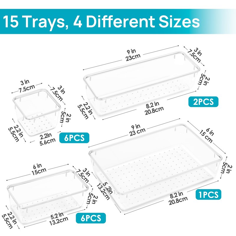 Vtopmart 15 PCS Clear Plastic Drawer Organizers Set, 4-Size Versatile Bathroom and Vanity Organizer Trays, Non-Slip Storage Containers for Makeup, Jewelries, Bedroom，Kitchen Utensils and Office