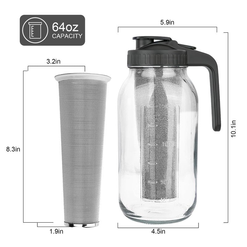 Cold Brew Coffee Maker,64 oz Mason Jar Pitcher with Stainless Steel Filter, Pour Spout Handle Lid, Heavy Duty Glass Airtight & Leak-Proof for Iced Coffee,Tea & Lemonade