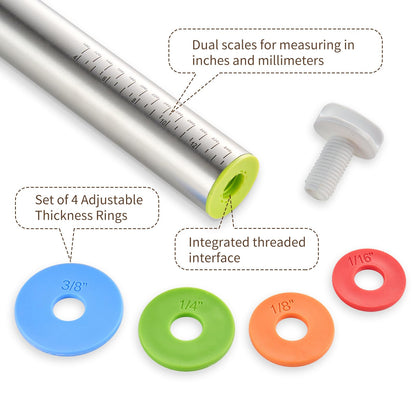 Adjustable Rolling Pin for Baking, with Thickness Rings Stainless Steel Dough Roller Pins for Pasta, Pizza, Pie Crust, Pastry and Cookie Making