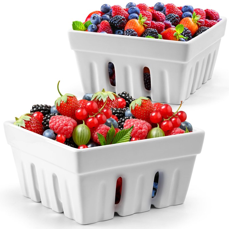 MIAMIO - Ceramic Berry Basket Set of 2, Decorative Fruit Bowl Set for Berries, Fruits and Vegetables, Kitchen Storage Bowls for Strawberries, Blueberries, Snacks and Serving