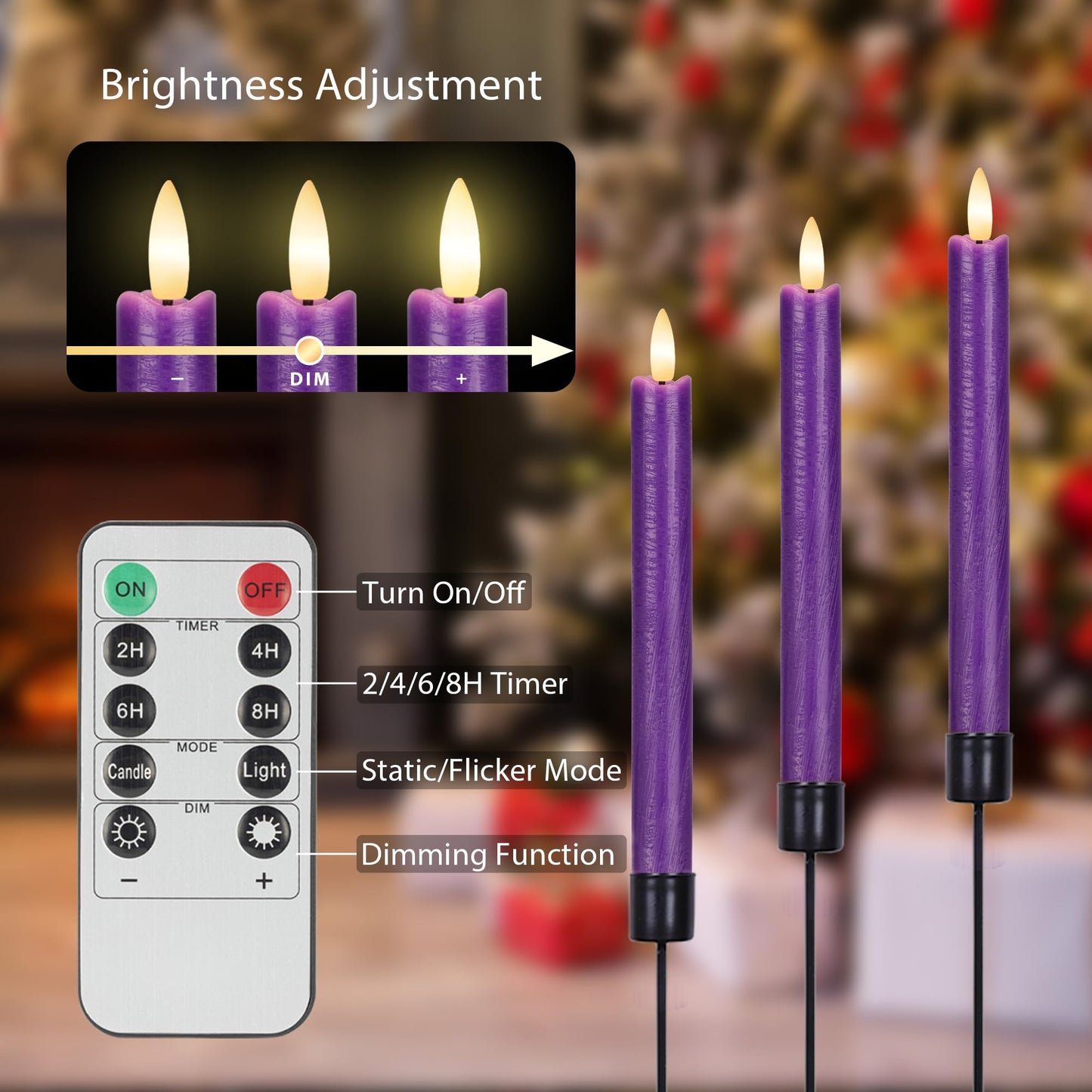 AFINETH Purple Flameless Taper Candles with Remote, 3 Pack Real Wax Battery Operated Candles, 9.6 Inch Flickering Led Christmas Candlesticks Decorations for Winter Home Holiday Xmas Gift