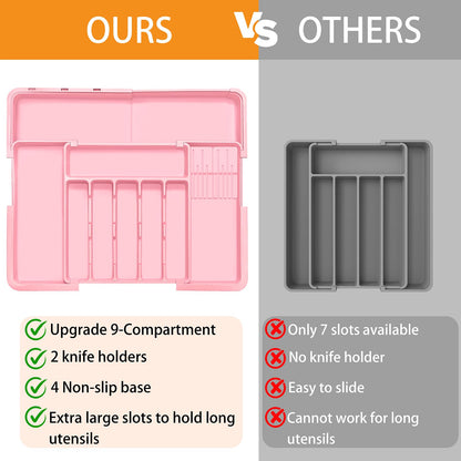 Homecor Silverware Organizer - Expandable Large Kitchen Drawer Organizer Utensil Organizer with 2 Removable Knife Blocks, 22"x 19"Cutlery Tray Drawer Dividers for Kitchen Flatware(6-9 Slots) (Black)