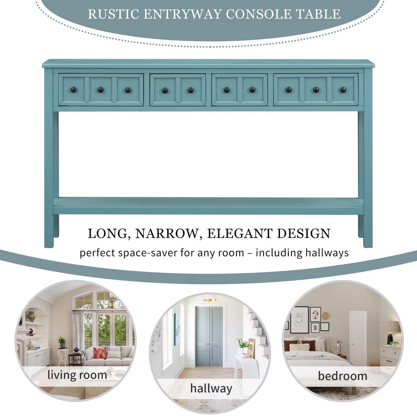 Merax Wood Farmhouse Entry Way Hallway Console Table with Drawers and Bottom Shelf Narrow Long Sidetable for Living Room Turquoise Green