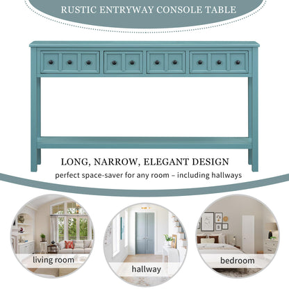Merax Wood Farmhouse Entry Way Hallway Console Table with Drawers and Bottom Shelf Narrow Long Sidetable for Living Room Turquoise Green