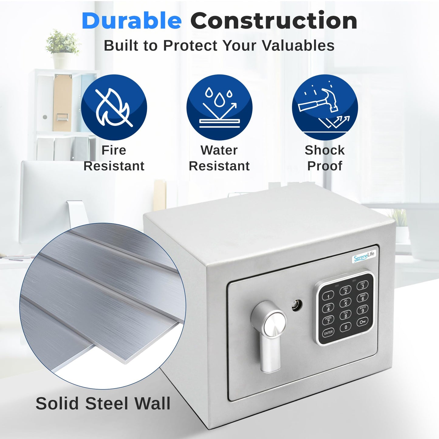 SereneLife Heavy Duty 9.1 x 6.7' Electronic Safe Box | Digital Touch Pad Lockbox with Code 2 Keys | Small Safe Box for Home/Office, Secure Cash, Jewelry, Firearms | Wall/Floor Mountable