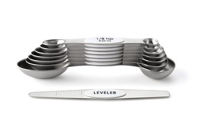 Spring Chef White Stainless Steel Magnetic Measuring Spoons Set of 8 with Leveler, Dual Sided Metal Teaspoon & Tablespoon Measuring Spoons, Fits in Spice Jars, Kitchen Gadgets for Baking & Cooking
