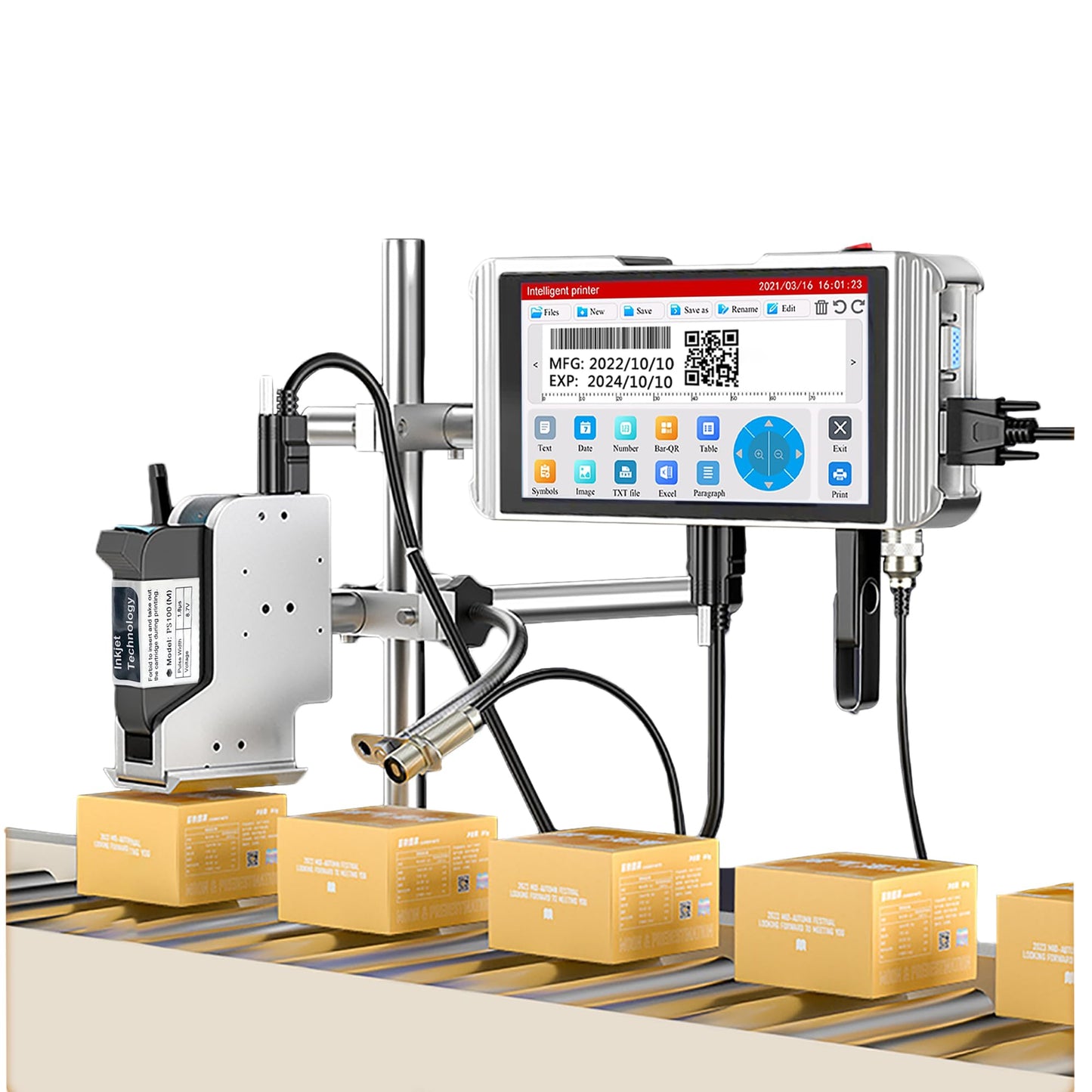 Phezer 0.5inch/12.7mm Automatic Online Inkjet Coding Machine for Production Line, 23 Languages, Intelligent Variable Data/Date/Logo/Barcode/Image Thermal Inkjet Printer, (1 Nozzle, 0-70M/min, PW1)
