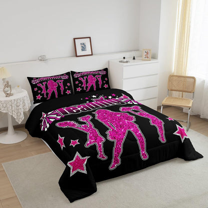 Cheering Team Comforter Set Twin Size,Gymnastics Cheerleading Bedding Set 2Pcs,Kids Girls Women Teens Bedroom Decor,Glitter Stars Rose Pink Quilted Duvet Black Fashion Duvet Insert,1 Pillowcase