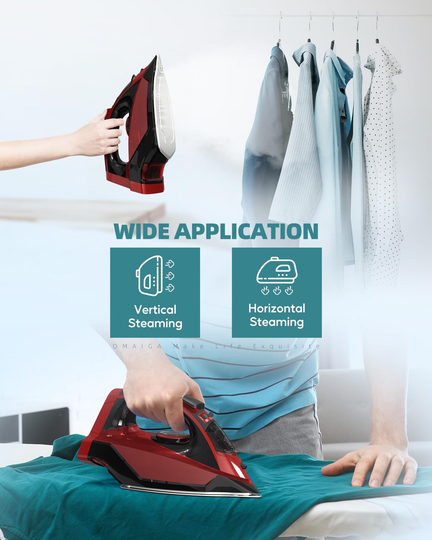 OMAIGA Cordless Iron for Clothes, 1500W Wireless Steam Iron with Ceramic Soleplate, 360 Degree Power Base, Auto Shut Off, Self-Clean, Anti-Calc, 3 Temperature Settings, 11.84oz Water Tank, Red