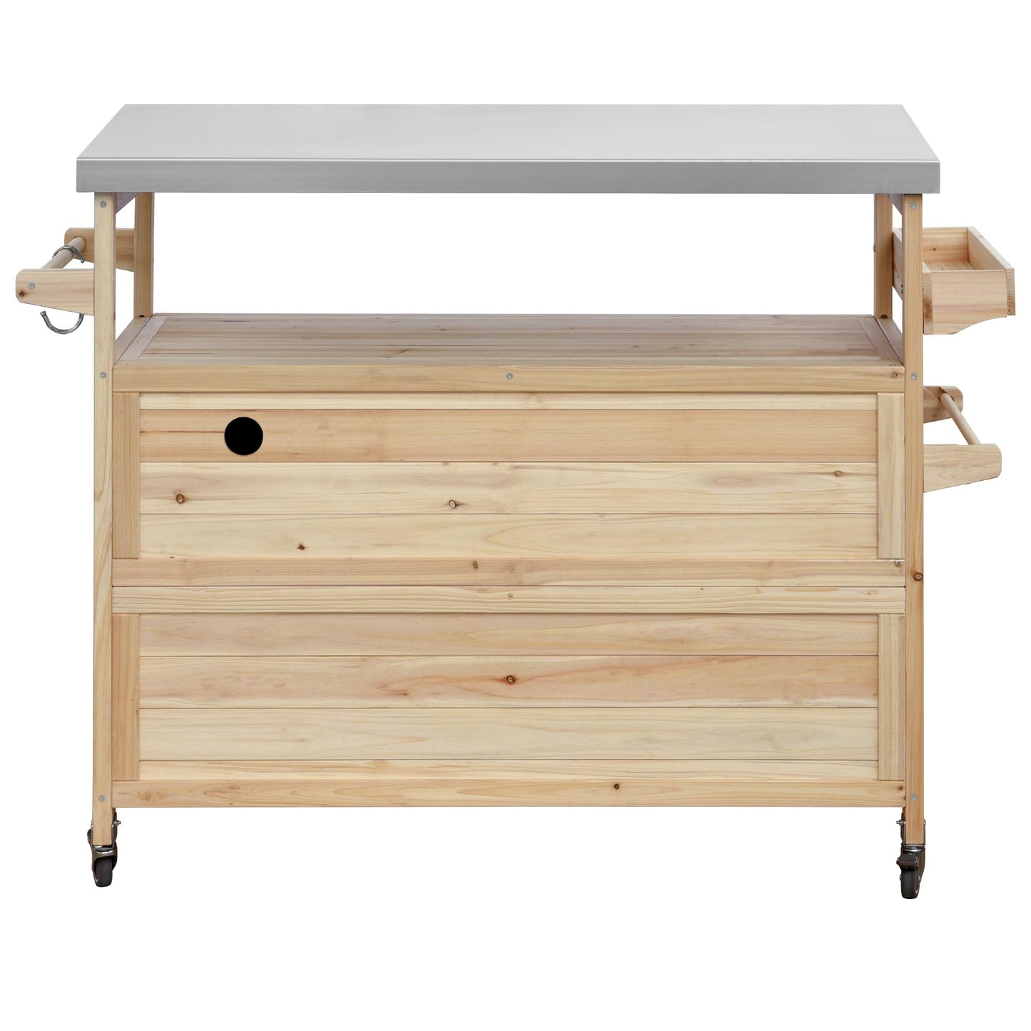 ABBSR Outdoor Grill Cart with Stainless Steel Top, BBQ Grill Prep Table with Cabinet, Wood Rollling Outside Kithen Island with Storage for Outdoor Cooking Garden Patio Backyard Parties(Natural)