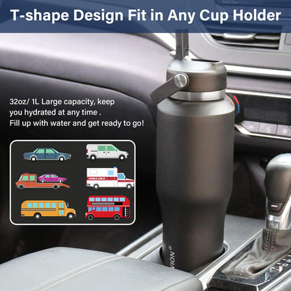 HYDROWION 32oz Stainless Steel Water Bottle(Cold for 48 Hrs, Hot for 24 Hrs),Double Wall Vacuum Insulated Water Bottle with Straw Lid, Spout Lid and Flex Cap, Fit in Any Car Cup Holder,Black