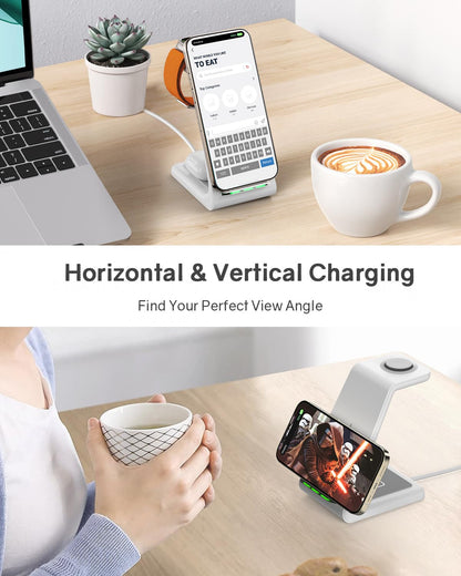 Wireless Charging Station for Apple - 3 in 1 Wireless Charger Stand Dock Watch and Phone Charger Station for Apple Watch 11/8/7/SE/6/5/4/3/2, iPhone 17 16-12 Pro Max SE XS X, Samsung, AirPods Pro/3/2